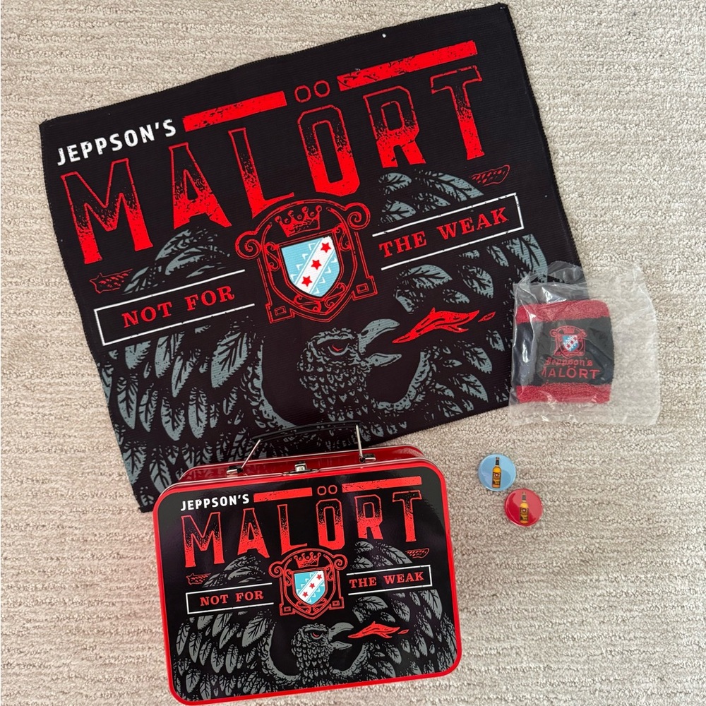 Malört Swag - Malört lunchbox, new rally towel, new wristband, & two button pins